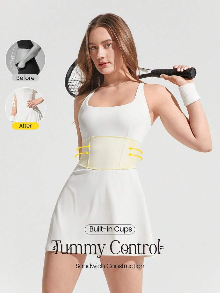 Women's Quick Dry Tennis Dress With Built In Shorts Side Pockets Square Neck Anti Slip Straps Gym Workout Golf Casual Outfit
