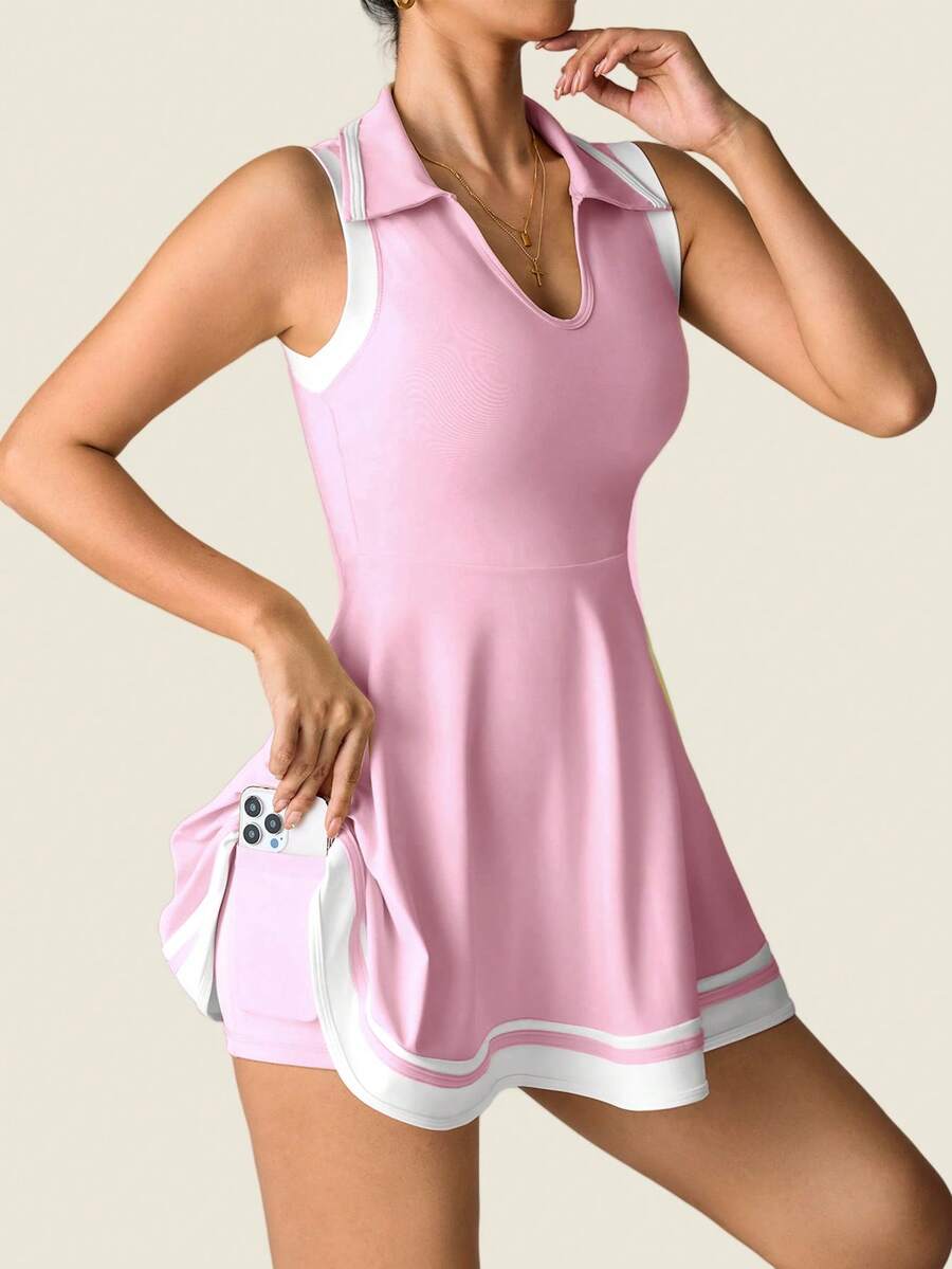 Women's Sleeveless Polo Collar Sports Dress With Pockets Casual Tee Shirt Style Yoga Workout Slim Fit Running Fitness Outfit