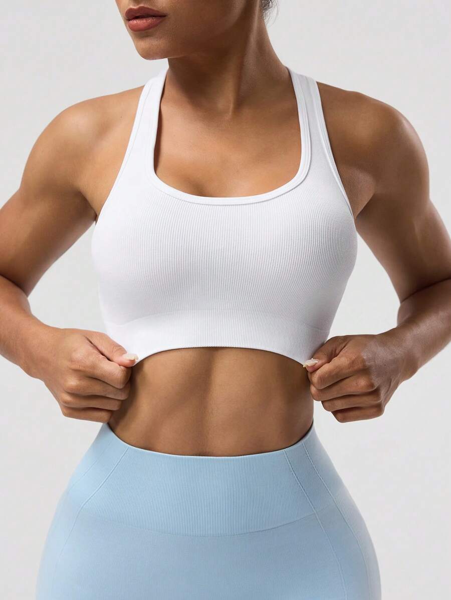 Women's Solid Color Sleeveless Yoga Racerback Tank Top Seamless Exercise Sports Bra Gym Activewear Workout Shirt Slim Fit Casual