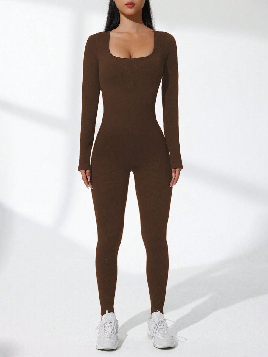 Women's Solid Color Ribbed Long Sleeve Jumpsuit Slim Fit Activewear Yoga Bodysuit Workout Gym Romper Stretch Sports Outfit