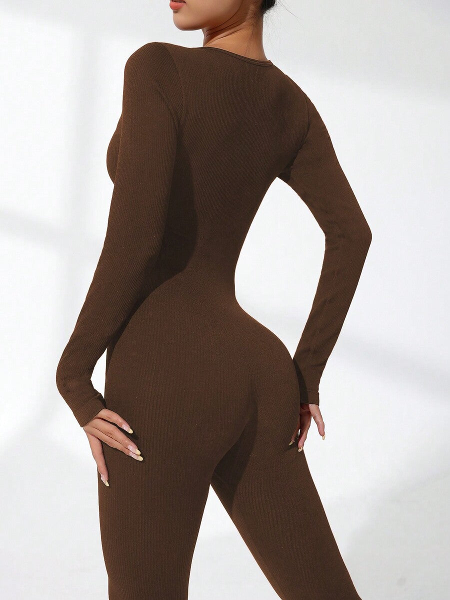 Women's Solid Color Ribbed Long Sleeve Jumpsuit Slim Fit Activewear Yoga Bodysuit Workout Gym Romper Stretch Sports Outfit