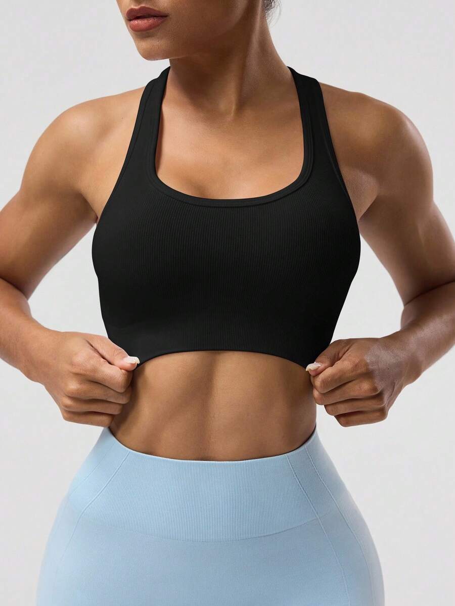Women's Solid Color Sleeveless Yoga Racerback Tank Top Seamless Exercise Sports Bra Gym Activewear Workout Shirt Slim Fit Casual