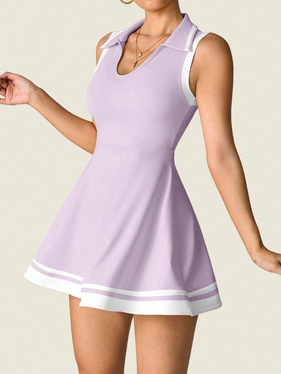 Women's Sleeveless Polo Collar Sports Dress With Pockets Casual Tee Shirt Style Yoga Workout Slim Fit Running Fitness Outfit