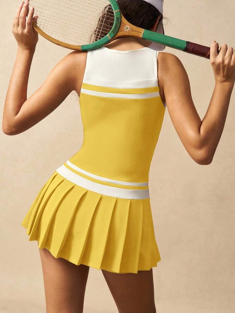 Women's Striped V Neck Sleeveless Pleated Hem Sports Dress Casual Fitness Outfit Tennis Gym Workout Summer Activewear Clothing