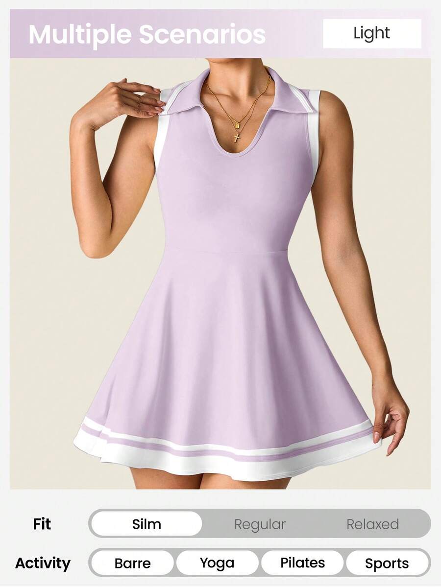 Women's Sleeveless Polo Collar Sports Dress With Pockets Casual Tee Shirt Style Yoga Workout Slim Fit Running Fitness Outfit