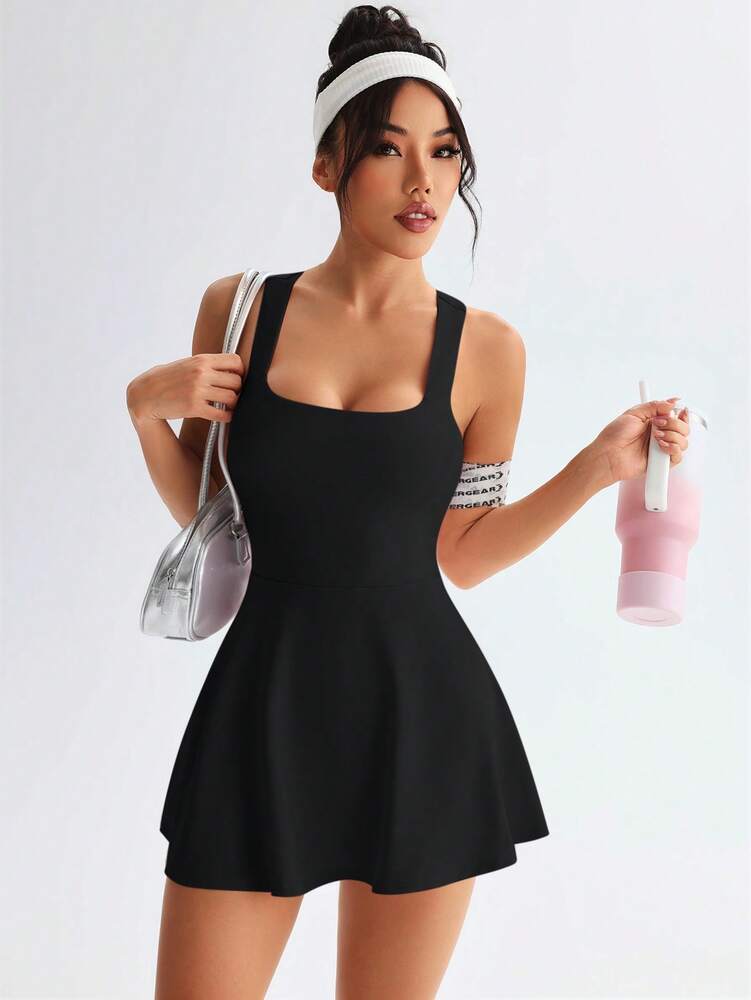 Women's Solid Color Cross Back Sports Dress Casual Activewear Workout Tennis Gym Outfit Slim Fit Athletic Dress For Women