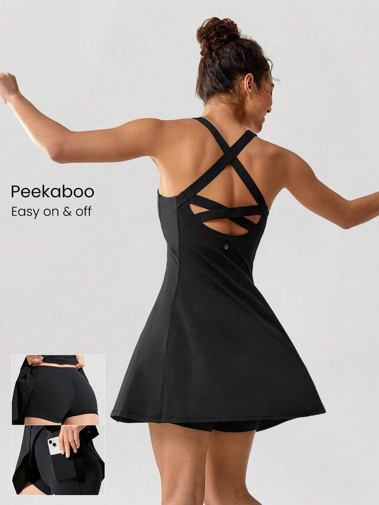 Women's FeatherFit Peekaboo Mini Sports Dress With Built In Shorts Square Neck Crisscross Back Quick Dry Tennis Golf Activewear