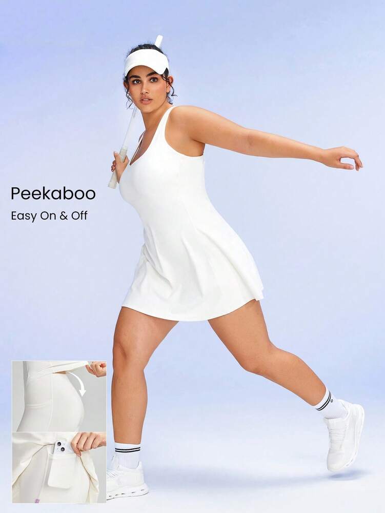 Women's FeatherFit Peekaboo Mini Sports Dress With Built In Shorts Square Neck Crisscross Back Quick Dry Tennis Golf Activewear