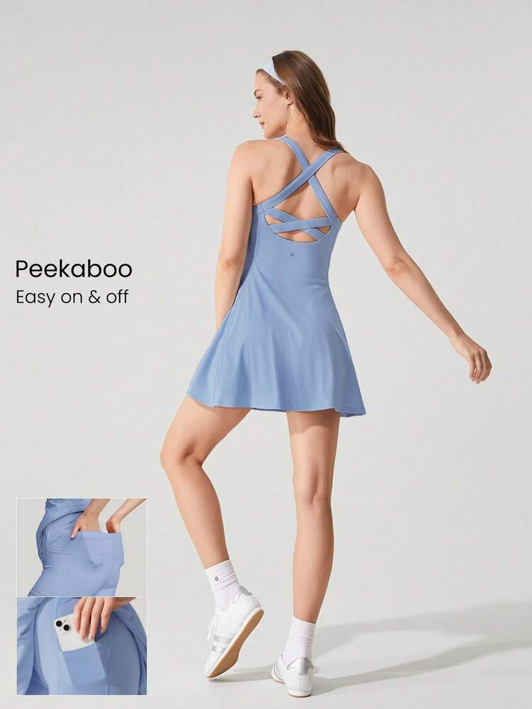 Women's FeatherFit Peekaboo Mini Sports Dress With Built In Shorts Square Neck Crisscross Back Quick Dry Tennis Golf Activewear