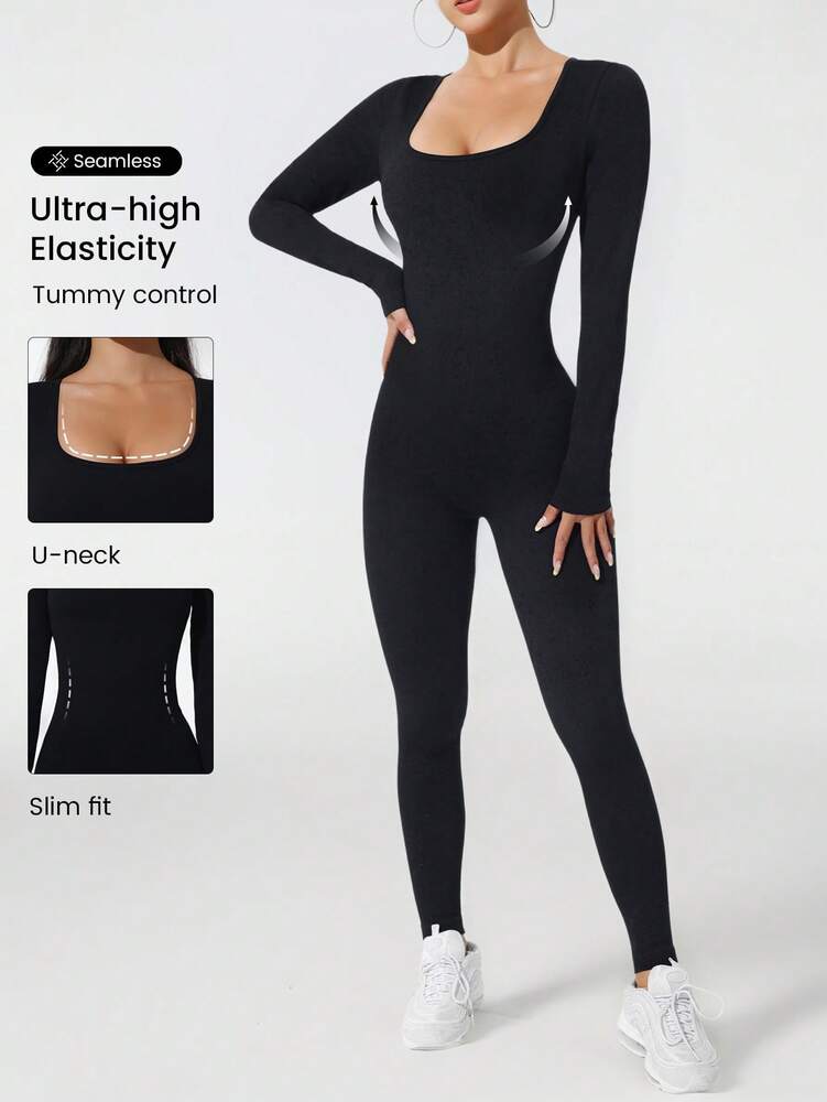 Women's Solid Color Ribbed Long Sleeve Jumpsuit Slim Fit Activewear Yoga Bodysuit Workout Gym Romper Stretch Sports Outfit