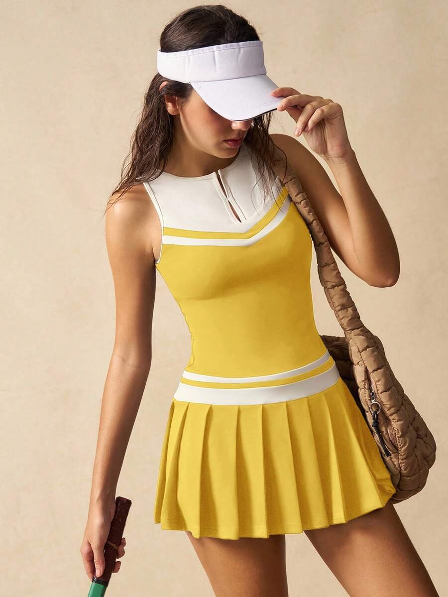 Women's Striped V Neck Sleeveless Pleated Hem Sports Dress Casual Fitness Outfit Tennis Gym Workout Summer Activewear Clothing