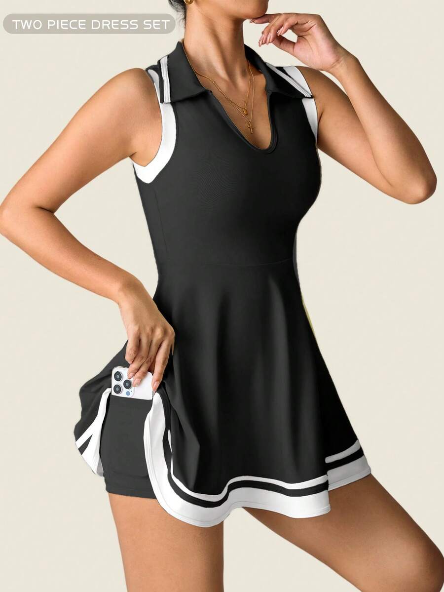 Women's Sleeveless Polo Collar Sports Dress With Pockets Casual Tee Shirt Style Yoga Workout Slim Fit Running Fitness Outfit