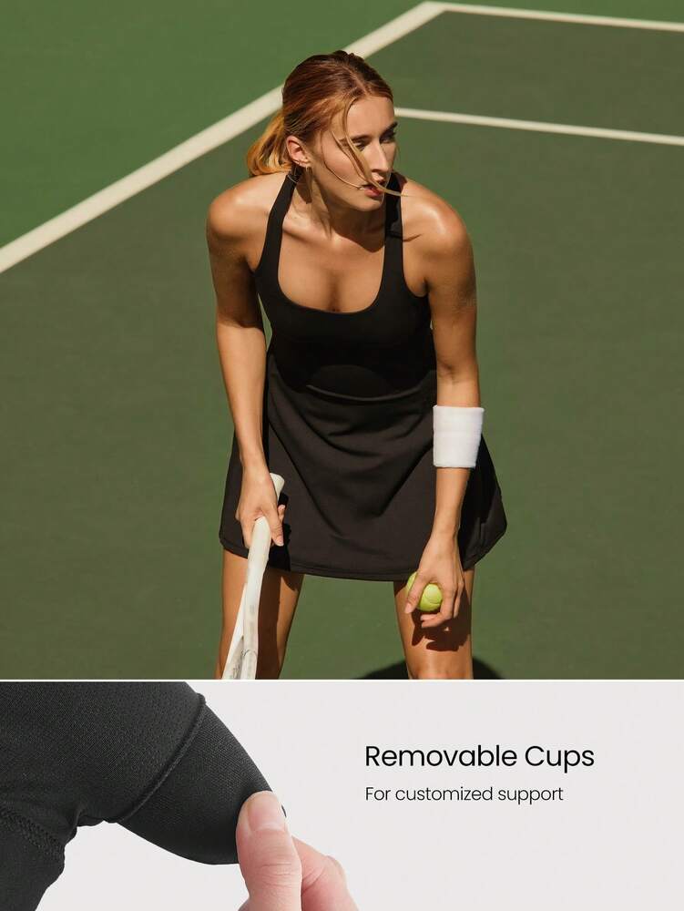 Women's FeatherFit Peekaboo Mini Sports Dress With Built In Shorts Square Neck Crisscross Back Quick Dry Tennis Golf Activewear