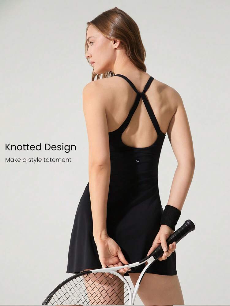 Women's Quick Dry Twist Back Active Dress With Built In Shorts Side Pockets Front Slit Casual Tennis Golf Pickleball Gym Outfit