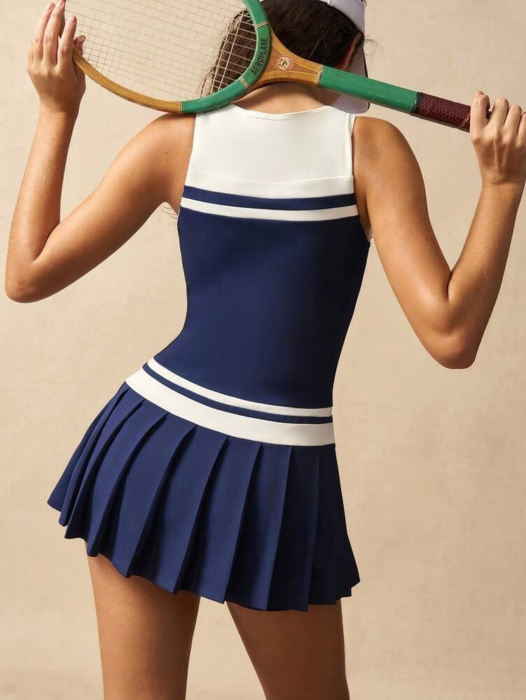 Women's Striped V Neck Sleeveless Pleated Hem Sports Dress Casual Fitness Outfit Tennis Gym Workout Summer Activewear Clothing