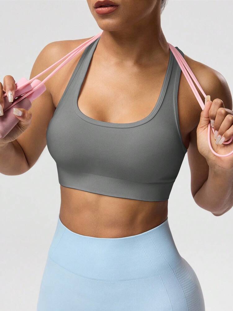 Women's Solid Color Sleeveless Yoga Racerback Tank Top Seamless Exercise Sports Bra Gym Activewear Workout Shirt Slim Fit Casual