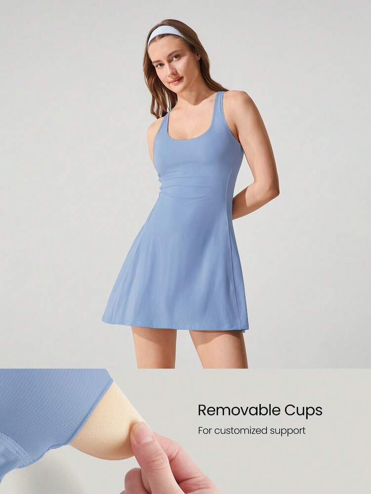 Women's FeatherFit Peekaboo Mini Sports Dress With Built In Shorts Square Neck Crisscross Back Quick Dry Tennis Golf Activewear