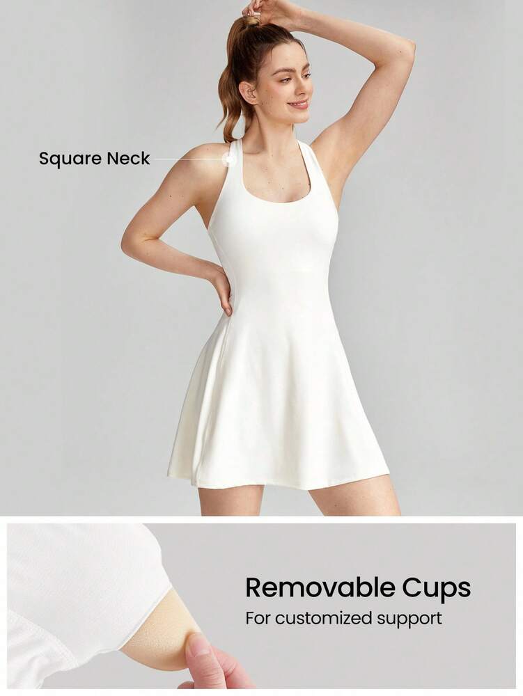 Women's FeatherFit Peekaboo Mini Sports Dress With Built In Shorts Square Neck Crisscross Back Quick Dry Tennis Golf Activewear
