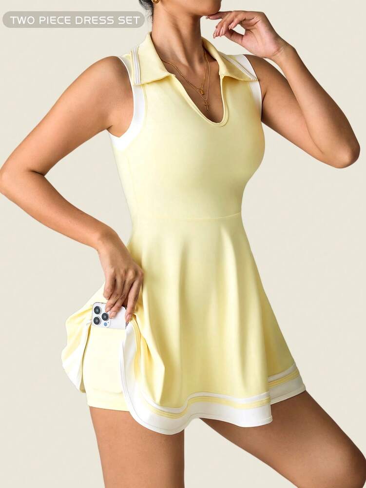 Women's Sleeveless Polo Collar Sports Dress With Pockets Casual Tee Shirt Style Yoga Workout Slim Fit Running Fitness Outfit