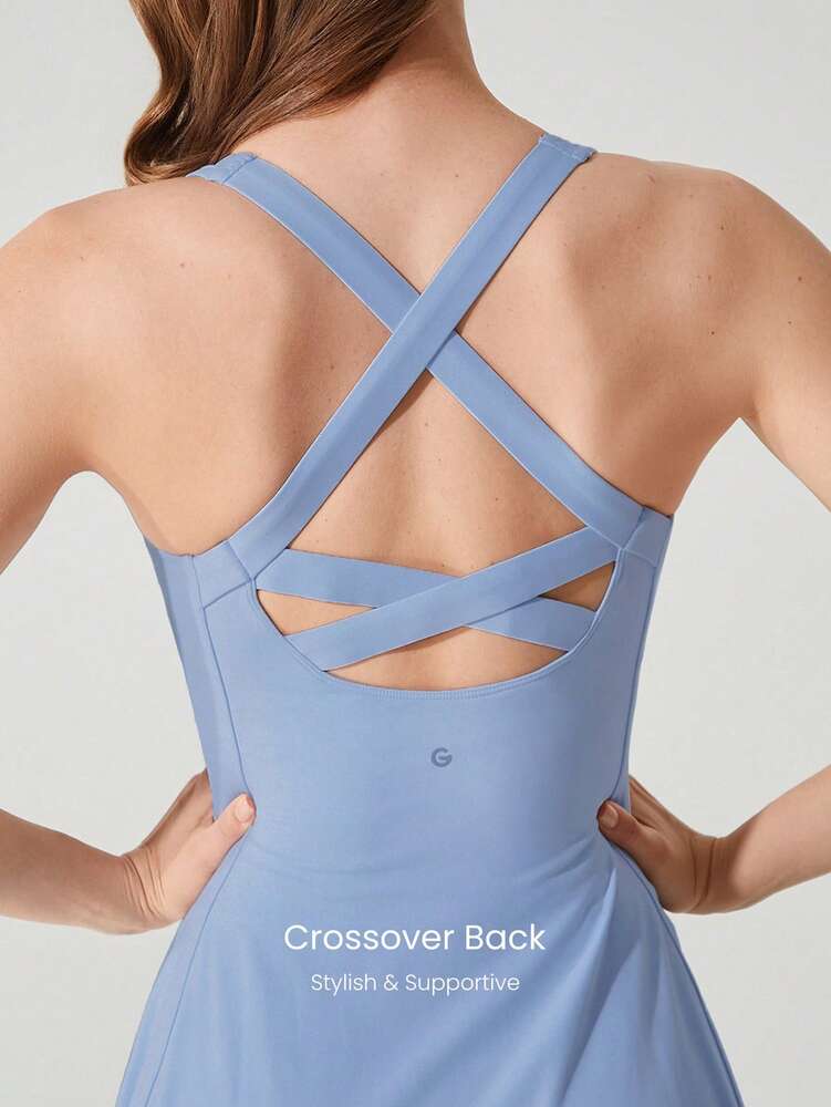 Women's FeatherFit Peekaboo Mini Sports Dress With Built In Shorts Square Neck Crisscross Back Quick Dry Tennis Golf Activewear