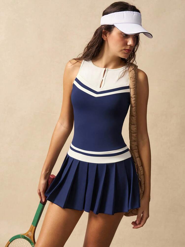 Women's Striped V Neck Sleeveless Pleated Hem Sports Dress Casual Fitness Outfit Tennis Gym Workout Summer Activewear Clothing