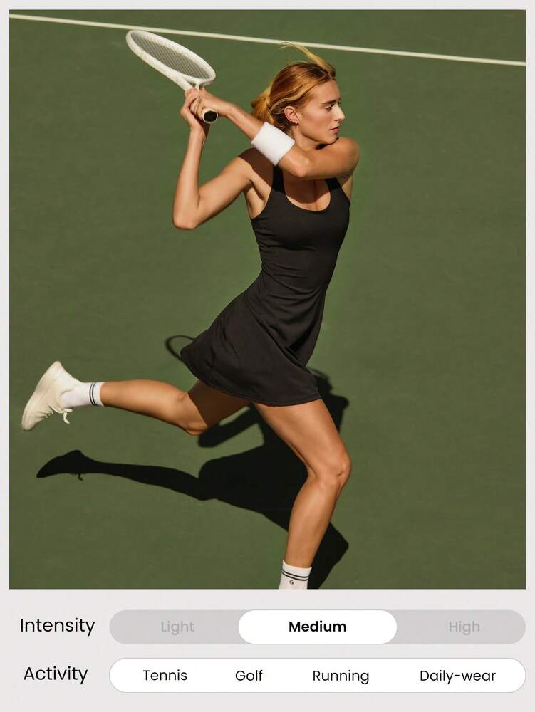 Women's FeatherFit Peekaboo Mini Sports Dress With Built In Shorts Square Neck Crisscross Back Quick Dry Tennis Golf Activewear