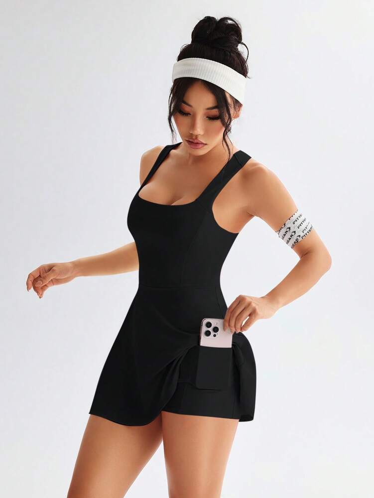 Women's Solid Color Cross Back Sports Dress Casual Activewear Workout Tennis Gym Outfit Slim Fit Athletic Dress For Women