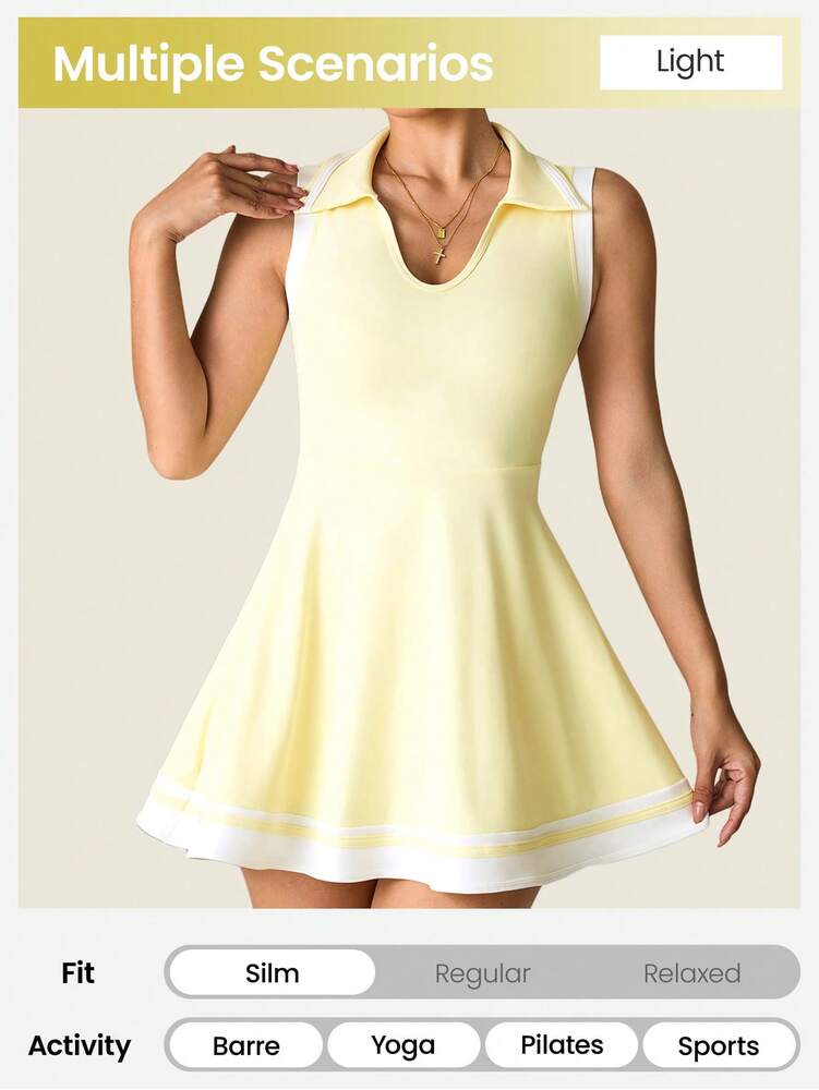 Women's Sleeveless Polo Collar Sports Dress With Pockets Casual Tee Shirt Style Yoga Workout Slim Fit Running Fitness Outfit