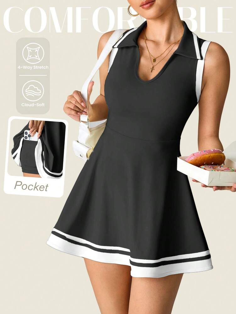 Women's Sleeveless Polo Collar Sports Dress With Pockets Casual Tee Shirt Style Yoga Workout Slim Fit Running Fitness Outfit