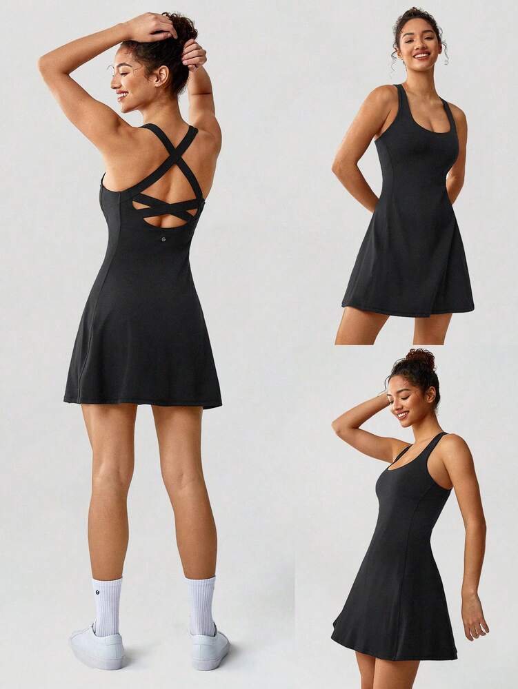 Women's FeatherFit Peekaboo Mini Sports Dress With Built In Shorts Square Neck Crisscross Back Quick Dry Tennis Golf Activewear