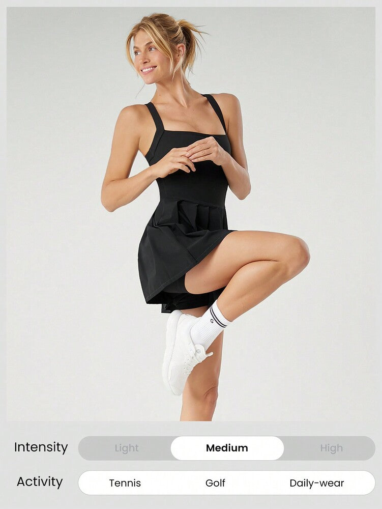 Women's Lightweight Quick Dry Pleated Varsity Mini Sports Dress With Built In Shorts X Strap Casual Tennis Golf Daily Outfit