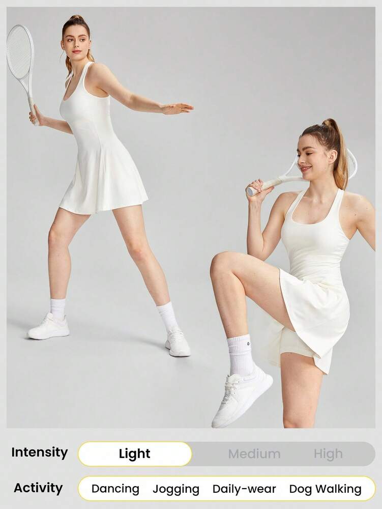 Women's FeatherFit Peekaboo Mini Sports Dress With Built In Shorts Square Neck Crisscross Back Quick Dry Tennis Golf Activewear