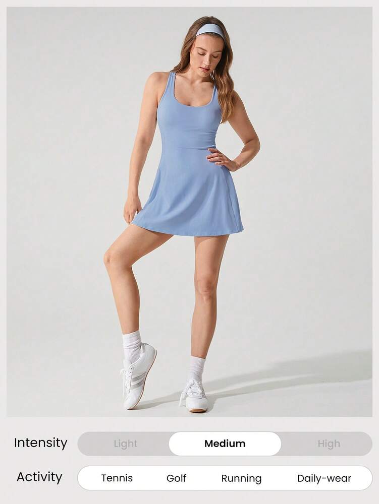 Women's FeatherFit Peekaboo Mini Sports Dress With Built In Shorts Square Neck Crisscross Back Quick Dry Tennis Golf Activewear