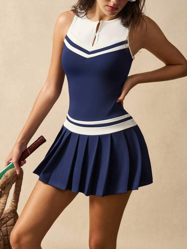 Women's Striped V Neck Sleeveless Pleated Hem Sports Dress Casual Fitness Outfit Tennis Gym Workout Summer Activewear Clothing