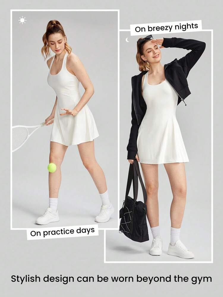 Women's FeatherFit Peekaboo Mini Sports Dress With Built In Shorts Square Neck Crisscross Back Quick Dry Tennis Golf Activewear