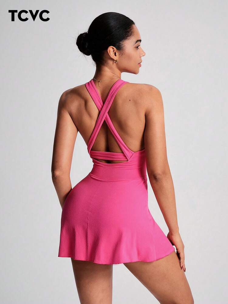 Women's Sleeveless Crisscross Back Tennis Dress With Built In Shorts Round Neck Active Sports Dress Workout Fitness Outfit