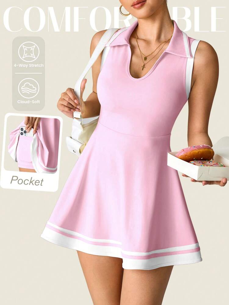 Women's Sleeveless Polo Collar Sports Dress With Pockets Casual Tee Shirt Style Yoga Workout Slim Fit Running Fitness Outfit