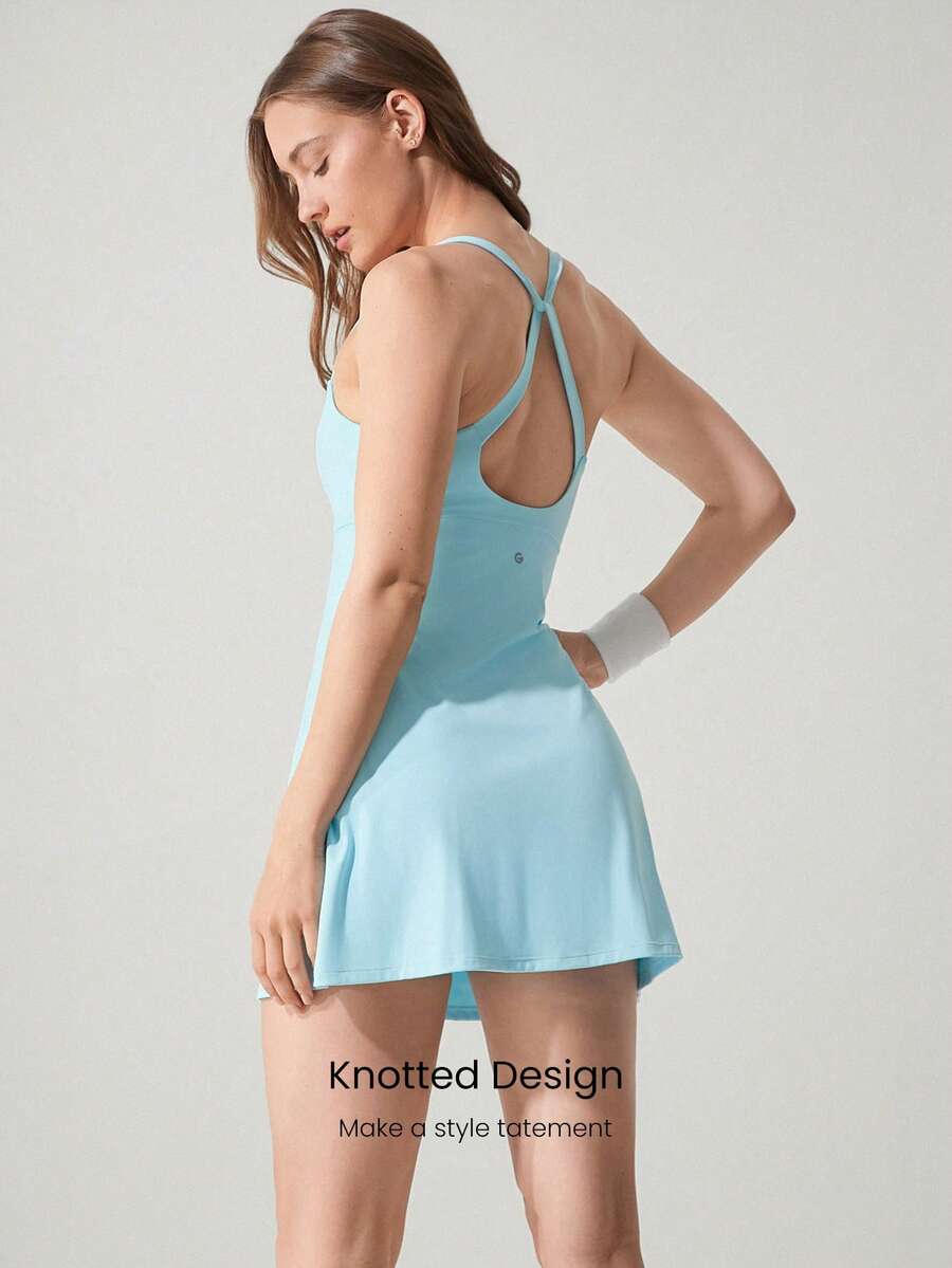 Women's Quick Dry Twist Back Active Dress With Built In Shorts Side Pockets Front Slit Casual Tennis Golf Pickleball Gym Outfit