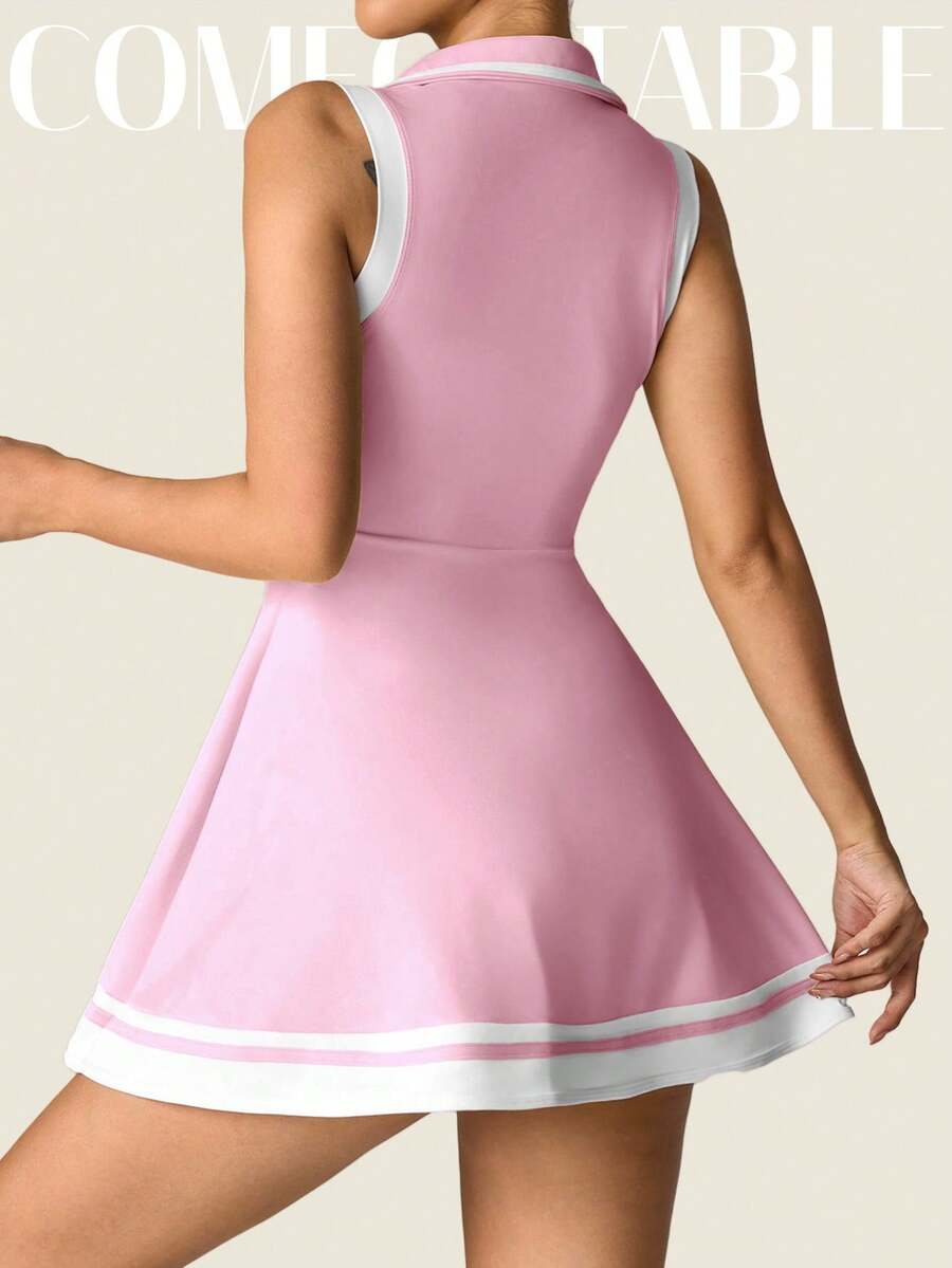 Women's Sleeveless Polo Collar Sports Dress With Pockets Casual Tee Shirt Style Yoga Workout Slim Fit Running Fitness Outfit