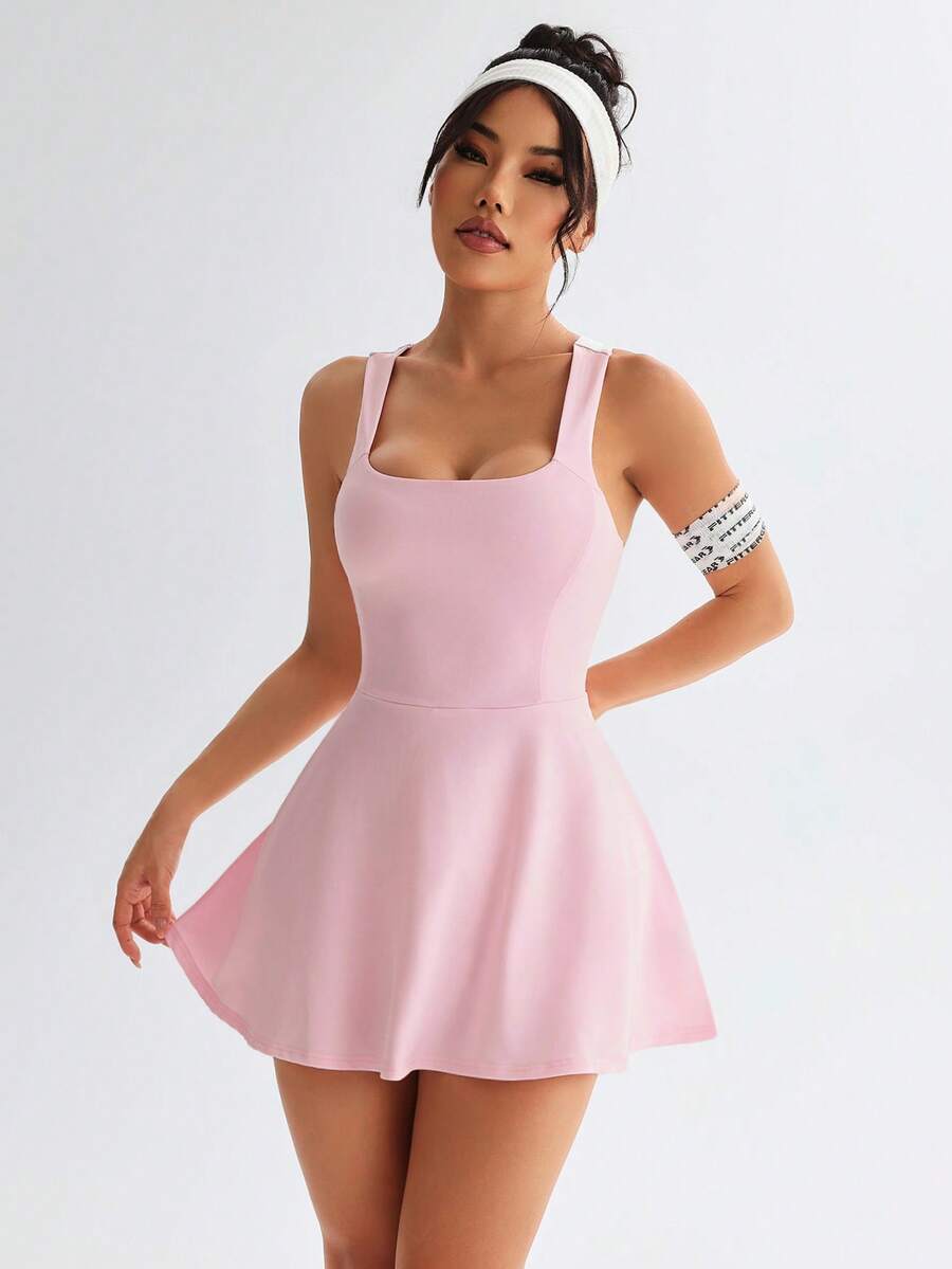 Women's Solid Color Cross Back Sports Dress Casual Activewear Workout Tennis Gym Outfit Slim Fit Athletic Dress For Women