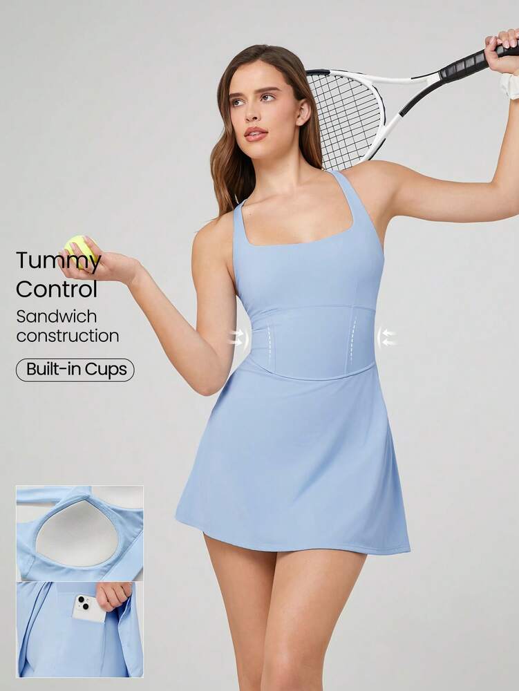 Women's Quick Dry Tennis Dress With Built In Shorts Side Pockets Square Neck Anti Slip Straps Gym Workout Golf Casual Outfit