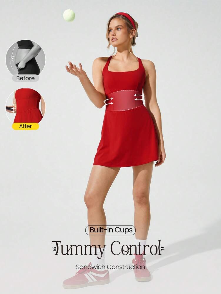 Women's Quick Dry Tennis Dress With Built In Shorts Side Pockets Square Neck Anti Slip Straps Gym Workout Golf Casual Outfit
