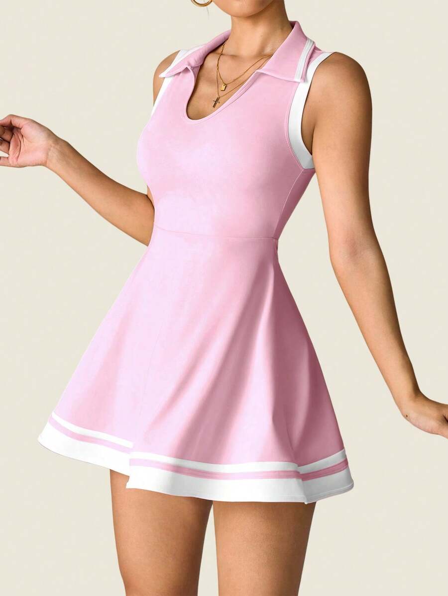 Women's Sleeveless Polo Collar Sports Dress With Pockets Casual Tee Shirt Style Yoga Workout Slim Fit Running Fitness Outfit