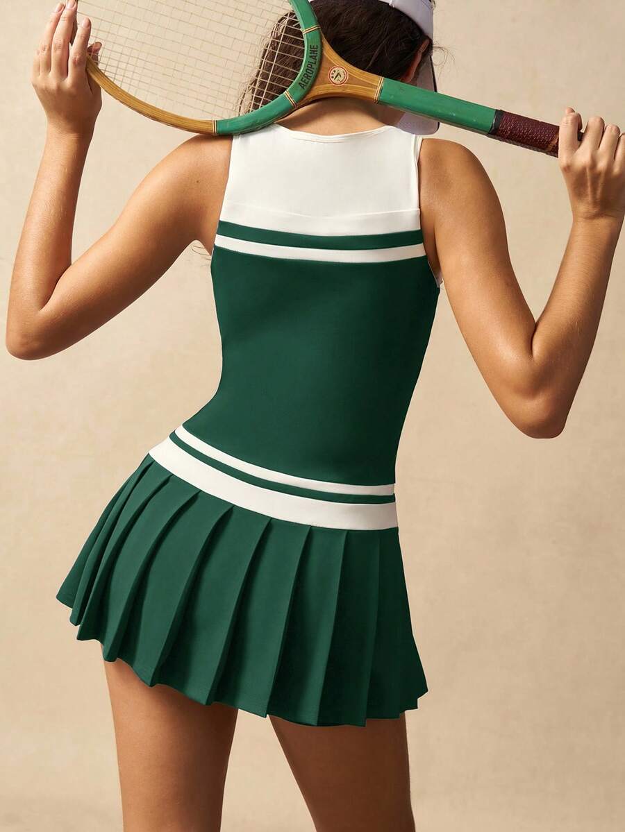 Women's Striped V Neck Sleeveless Pleated Hem Sports Dress Casual Fitness Outfit Tennis Gym Workout Summer Activewear Clothing