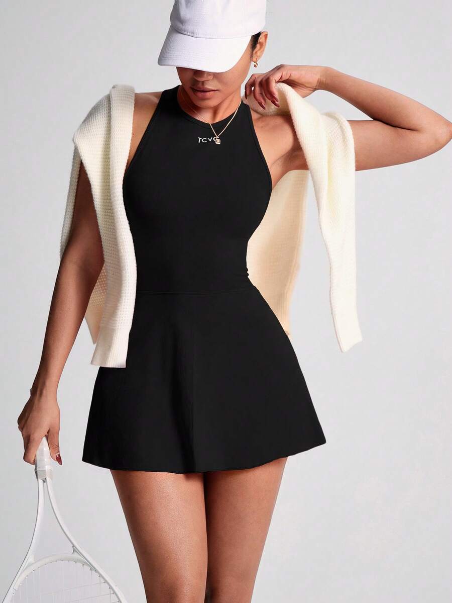 Women's Sleeveless Crisscross Back Tennis Dress With Built In Shorts Round Neck Active Sports Dress Workout Fitness Outfit