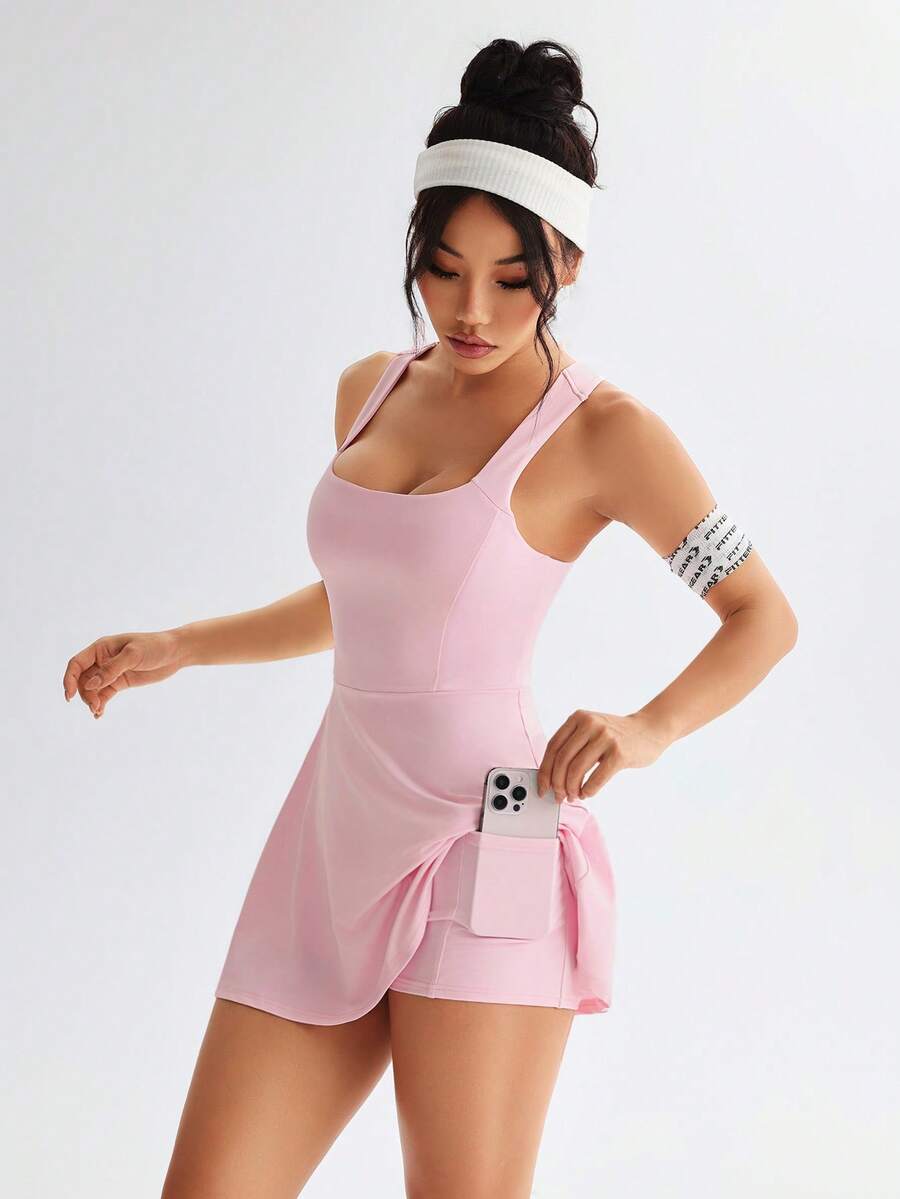 Women's Solid Color Cross Back Sports Dress Casual Activewear Workout Tennis Gym Outfit Slim Fit Athletic Dress For Women