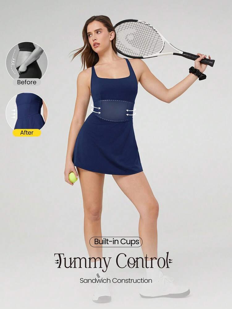 Women's Quick Dry Tennis Dress With Built In Shorts Side Pockets Square Neck Anti Slip Straps Gym Workout Golf Casual Outfit
