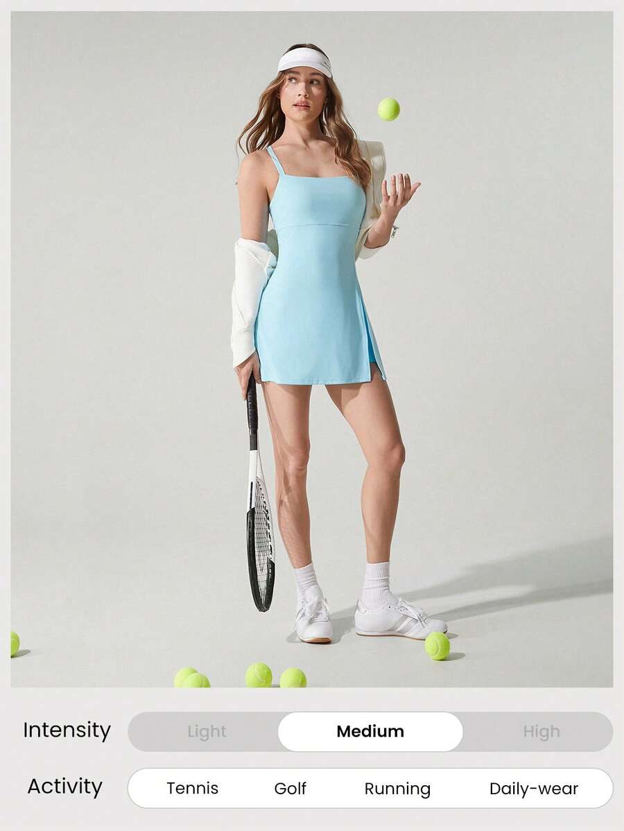 Women's Quick Dry Twist Back Active Dress With Built In Shorts Side Pockets Front Slit Casual Tennis Golf Pickleball Gym Outfit