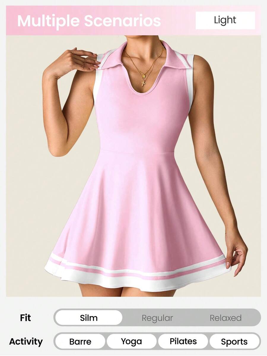 Women's Sleeveless Polo Collar Sports Dress With Pockets Casual Tee Shirt Style Yoga Workout Slim Fit Running Fitness Outfit