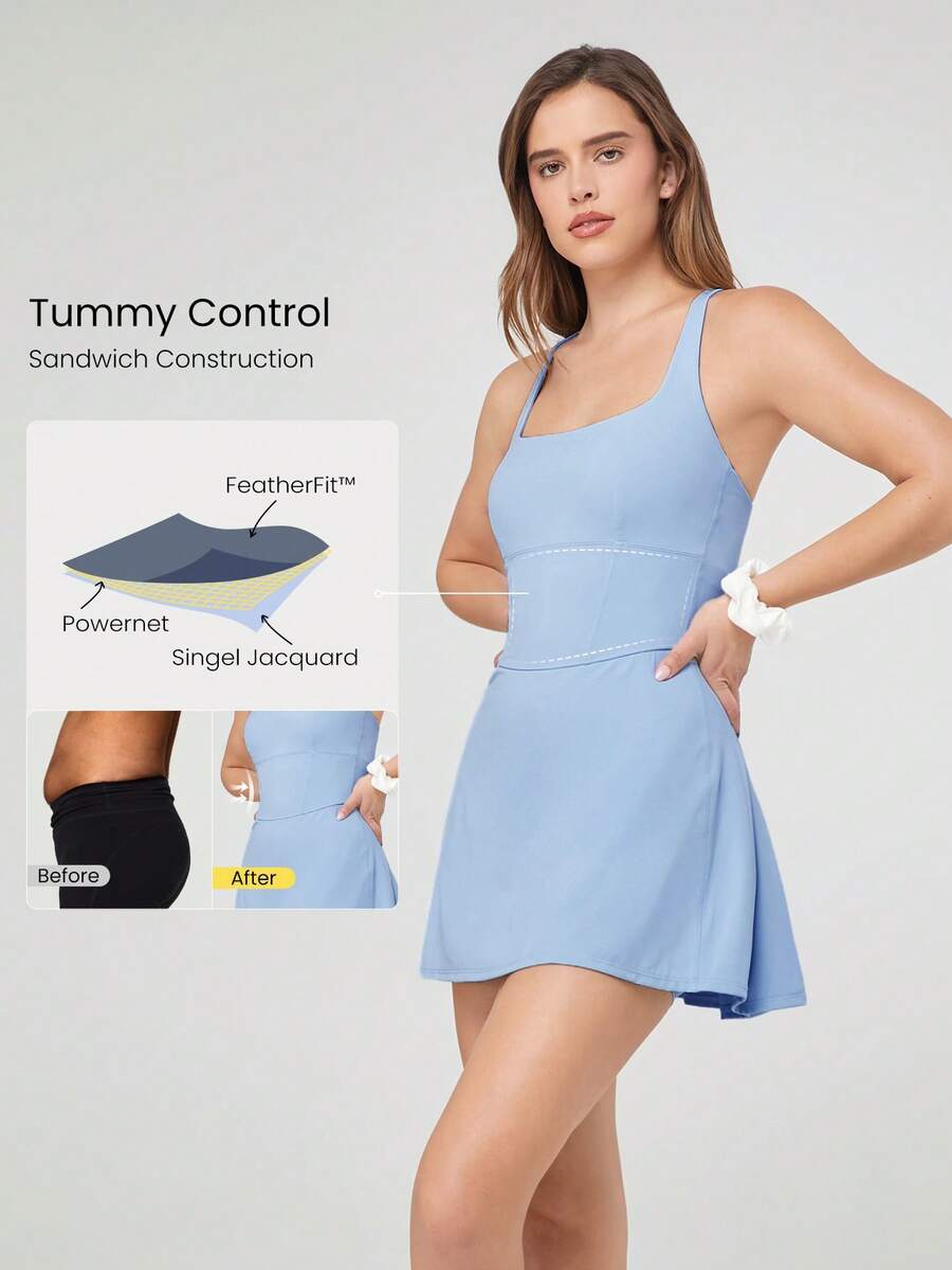 Women's Quick Dry Tennis Dress With Built In Shorts Side Pockets Square Neck Anti Slip Straps Gym Workout Golf Casual Outfit